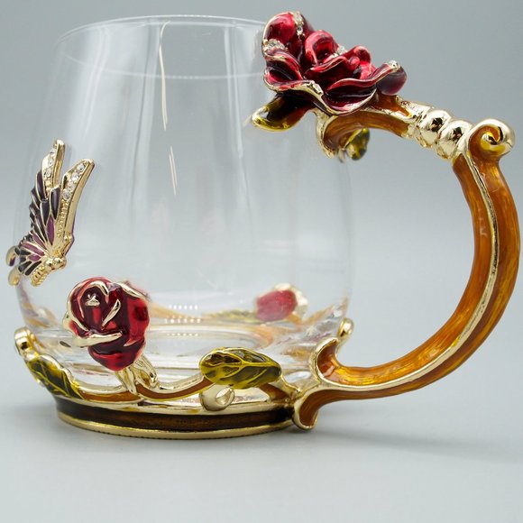 Reposhed Arc Of France Glass Mug & Spoon - Rose & Butterfly Design - Picture 11 of 15